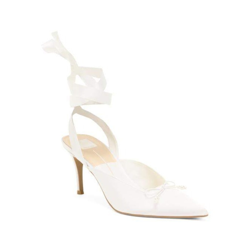 Dolce Vita Efora True White Satin Pearl Bow Ankle Tie Bridal Pumps Heels‎ 7.5